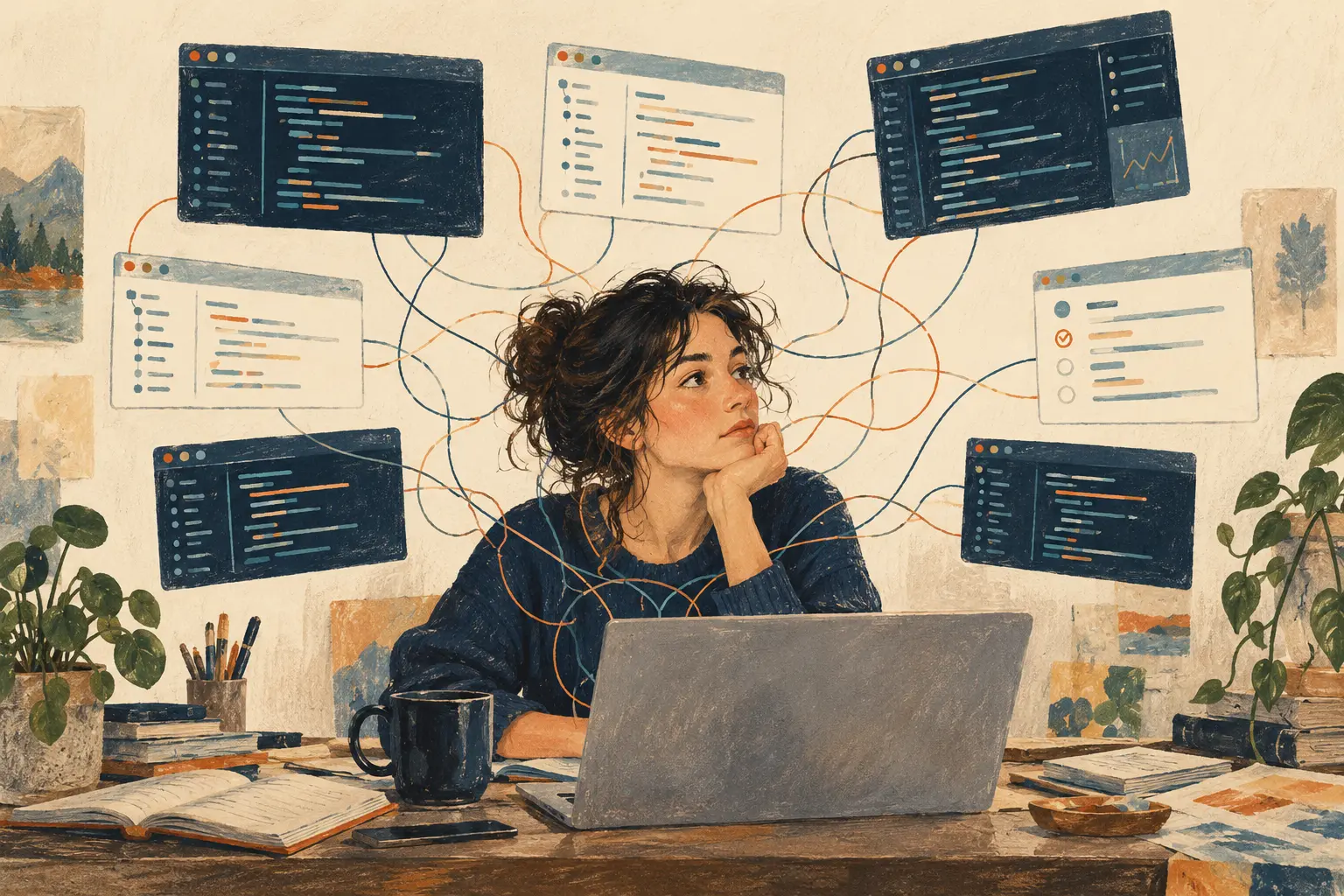 A developer surrounded by software task windows connected by tangled threads, illustrating attention divided across several AI agents.