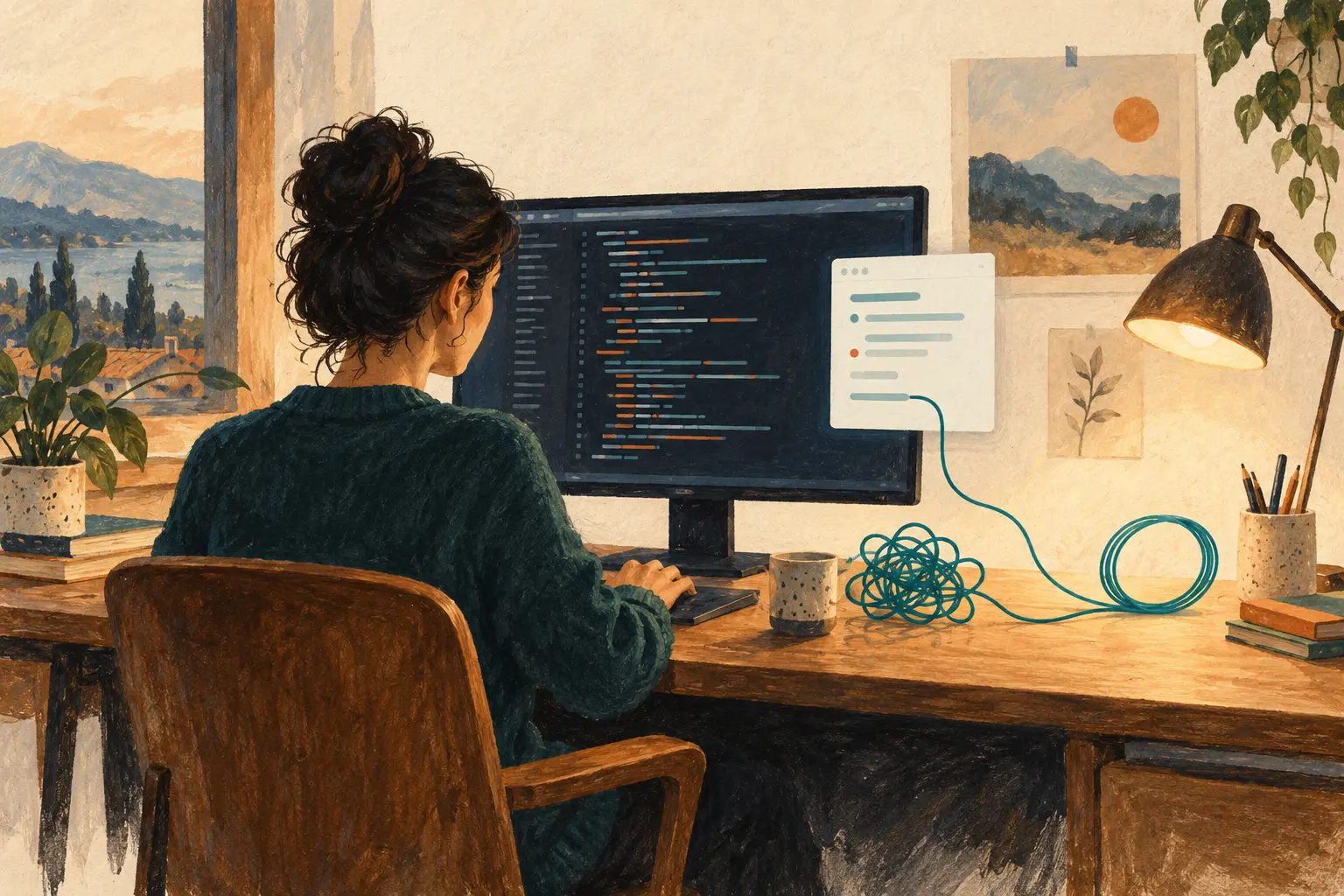 A developer focused on one monitor with a small AI assistant window, beside a tangled teal thread becoming an orderly loop.