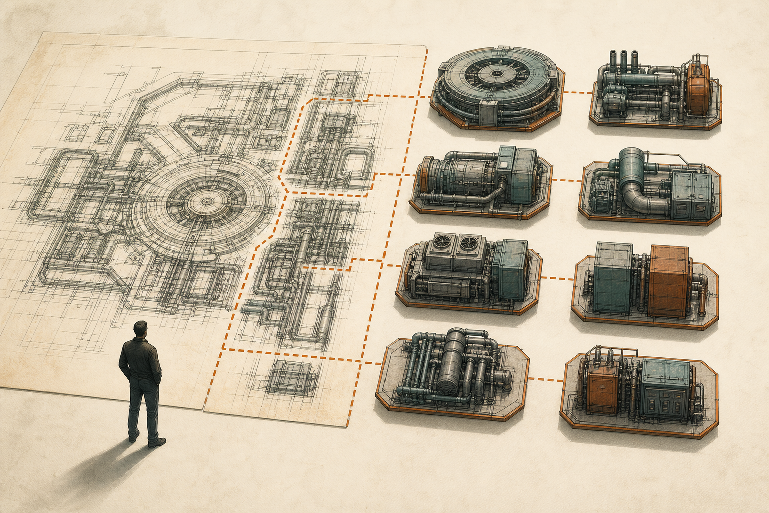 An illustrated system being separated into clear modular work units