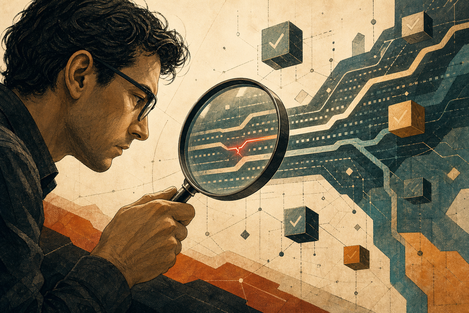 An illustrated code review inspection lens revealing a hidden fault